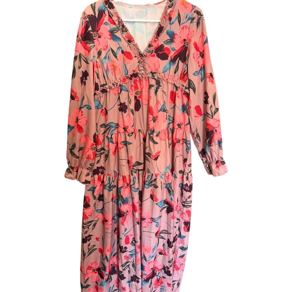 Pink Floral Tiered Maxi Dress Long Sleeve Ruffle V-Neck Empire Waist Size M